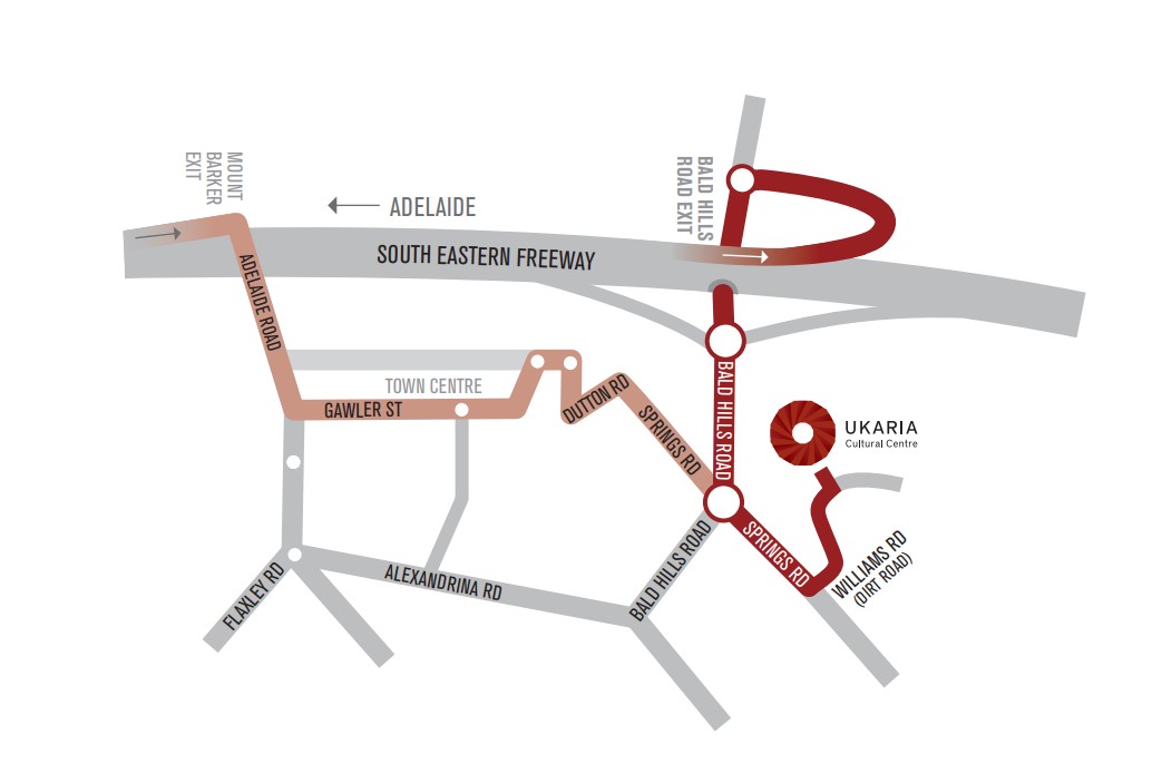 A simple image picturing a map of how to reach UKARIA Cultural Centre from the Bald Hills Road exit of the South Eastern Freeway